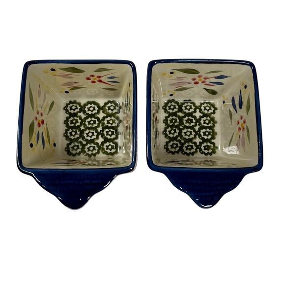 TEMPTATIONS by Tara Old World Ramekins 10oz Square Floral Blue Ovenware Set of 2 - Picture 6 of 12
